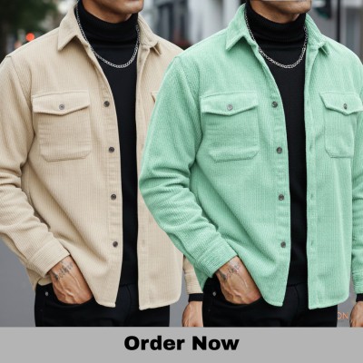2 Pc Corduroy Fabrics Double pocket long sleeve shirt