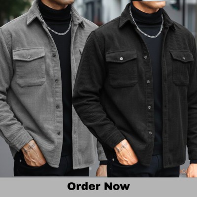 2 Pc Corduroy Fabrics Double pocket long sleeve shirt