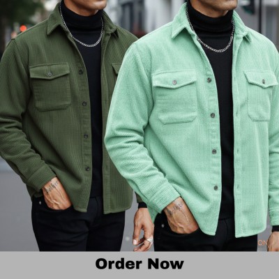 2 Pc Corduroy Fabrics Double pocket long sleeve shirt