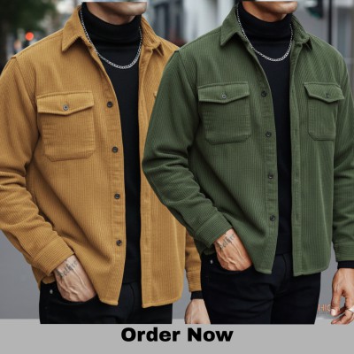 2 Pc Corduroy Fabrics Double pocket long sleeve shirt