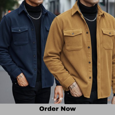 2 Pc Corduroy Fabrics Double pocket long sleeve shirt