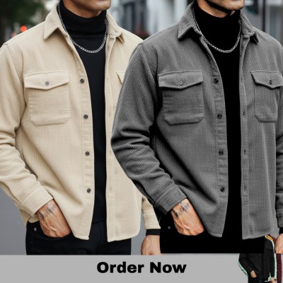 2 Pc Corduroy Fabrics Double pocket long sleeve shirt